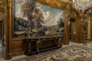 Traditional countryside wall mural in ornate foyer with crystal chandelier and marble table