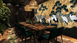 Traditional crane and pine wall mural in gold and white, featured in modern dining room with wicker pendant lights