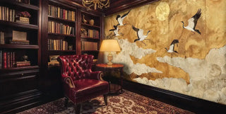 Traditional crane wallpaper with clouds and moon in elegant library with leather chair and bookshelves
