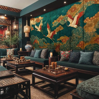 Traditional crane wallpaper with gold accents displayed in cozy tea room with wooden furniture