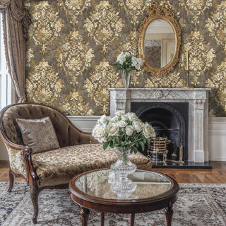 Traditional damask pattern wallpaper displayed in refined living space with marble fireplace