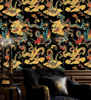 Traditional dragon wallpaper in gold and black, showcased in sophisticated room with ornate armchair