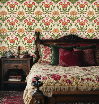 Traditional floral wallpaper featuring damask pattern in romantic bedroom with dark wooden nightstand