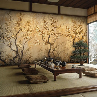 Traditional flowering branch Wall Mural displayed in Japanese tea room with low table and floor cushions