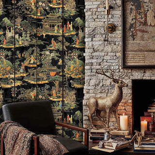 Traditional garden scene wallpaper with ornate details, displayed in study with stone fireplace