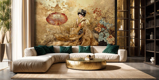 Traditional geisha wall mural with floral elements displayed in modern living room with emerald cushions
