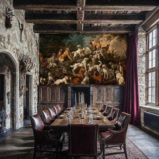 Traditional hunting scene wall mural showing pack of dogs, featured in medieval dining room with stone fireplace