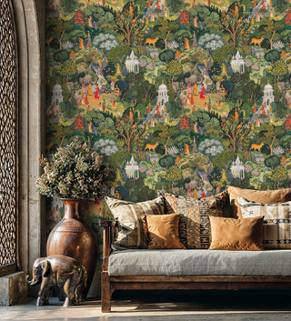 Traditional Indian garden wallpaper with temples and flora, shown in a living room with striped daybed and decorative pillows