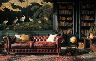 Traditional Japanese crane wall mural featuring green foliage and gold leafing, displayed in library study