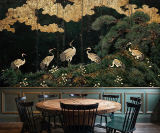 Traditional Japanese crane wall mural with gold accents, displayed in dining room with round table