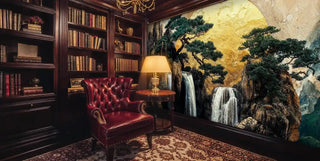 Traditional Japanese scenic wallpaper with pine trees and waterfalls, displayed in classic library with leather chair
