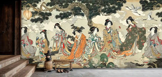 Traditional Japanese wall mural featuring geishas and cranes in warm beige tones, shown in entryway with wooden staircase