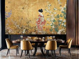 Traditional Japanese wall mural showing geisha and blossoms, featured in elegant dining room with gold velvet chairs