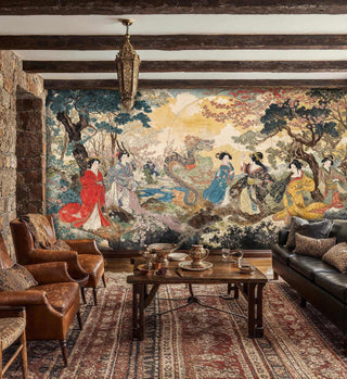 Traditional Japanese wall mural with dragon and figures in colorful robes, shown in cozy den with leather chairs