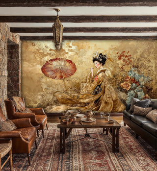Traditional Japanese wallpaper featuring geisha and flowers in rustic room with exposed wooden beams