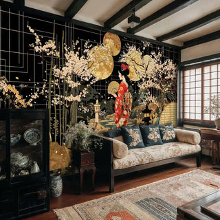 Traditional Japanese wallpaper with bamboo details in cozy room with exposed wooden beams and fireplace