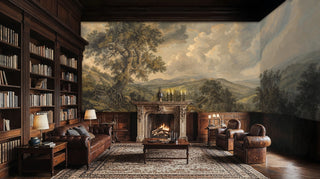 Traditional landscape wall mural depicting scenic valley view, shown in classic study with ornate fireplace