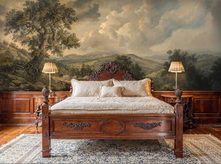 Traditional landscape wall mural showing countryside vista with ancient tree, featured in ornate bedroom setting