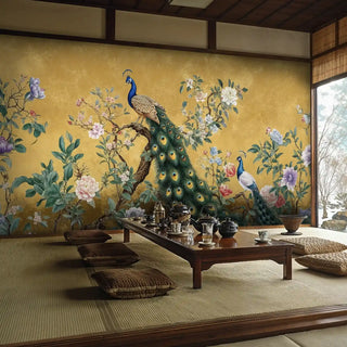 Traditional peacock wallpaper with gold background shown in Japanese style room with tatami mats