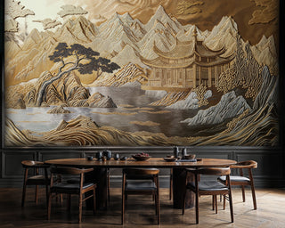 Traditional temple wall mural in gold and brown tones, displayed in modern dining room with wooden chairs
