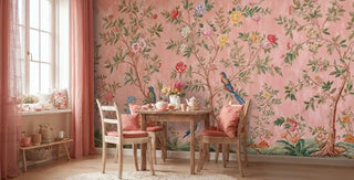 Traditional Wall Mural with exotic birds and flowers, shown in cozy dining nook with wooden table and chairs