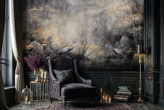 Tranquil crane wall mural with misty atmosphere, showcased in classic reading nook with velvet armchair