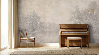 Tranquil forest lake wall mural in sepia tones, cozy room with vintage upright piano and wooden chair