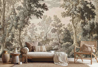 Tranquil horse grove wall mural in neutral palette, displayed in bedroom with natural wood daybed