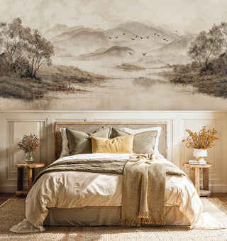 Tranquil lake scenery Wall Mural in neutral tones, featured in elegant bedroom with woven headboard