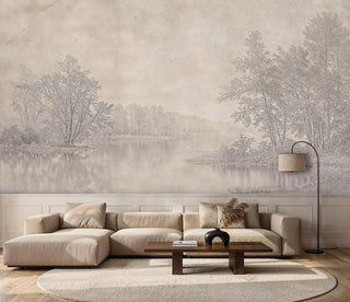 Tranquil lakeside forest wall mural in beige and grey tones with detailed trees and misty water, modern living room
