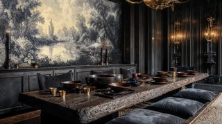 Tranquil landscape wall mural featuring river and trees in dark dining room with ornate chandelier