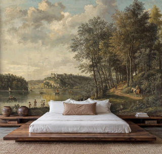 Tranquil landscape wall mural with sailboats and rolling hills, shown behind modern platform bed