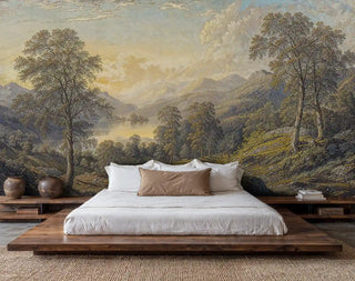 Tranquil landscape wallpaper featuring mountain lake and golden sky in a minimalist bedroom with floating wood bed frame