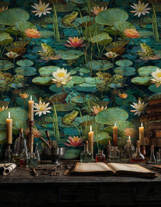 Tranquil water lily wallpaper with frogs and floating blooms, displayed in study with candlelit workspace