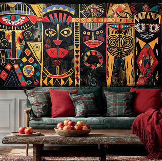 Tribal geometric wallpaper with spiritual masks and patterns, shown in casual living room with green sofa and plaid pillows