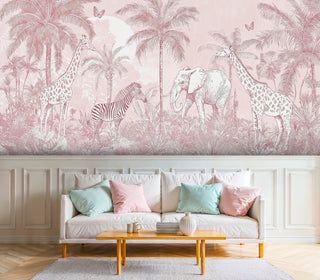 Tropical animal wall mural in soft pink palette, shown in modern living room with cream sofa and wooden table