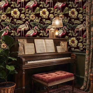 Tropical bird wallpaper featuring flamingos and botanical elements, shown in elegant music room with vintage piano