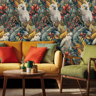 Tropical bird wallpaper with cockatoos and lush foliage shown in retro living room with yellow sofa
