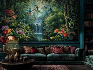 Tropical birds and waterfall wall mural in sophisticated study with built-in bookshelves and vintage decor