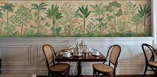 tropical birds botanical wall mural with palm trees, displayed in formal dining room with silver tea service