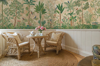 tropical birds paradise wall mural with exotic palms and songbirds, shown in cozy breakfast nook with wicker chairs