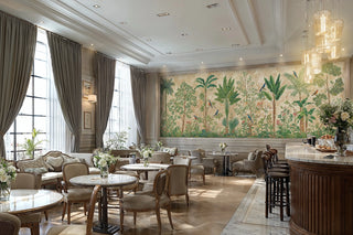 tropical botanical wall mural featuring birds and palm trees, displayed in elegant hotel lounge with crystal chandeliers