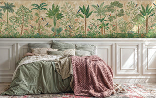 tropical botanical wall mural featuring songbirds and palms, displayed in modern bedroom with sage green bedding