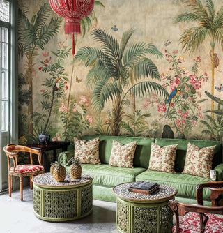Tropical botanical wall mural with parrots and palms, shown in sophisticated lounge with red silk chandelier