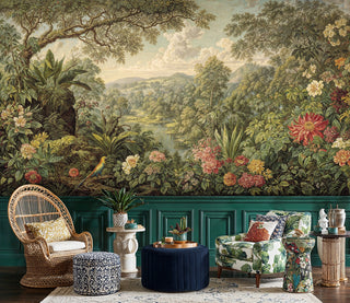 Tropical botanical wallpaper with bird details in cozy living room with wicker chair and navy ottoman
