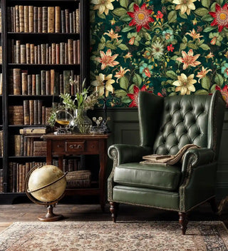 Tropical botanical wallpaper with detailed passion flowers, featured in sophisticated study with vintage globe