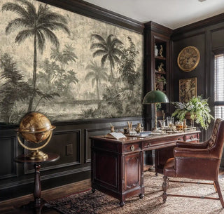 Tropical botanical wallpaper with vintage finish, featured in sophisticated home office with antique desk