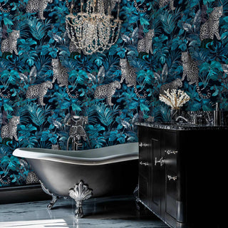 Tropical cat wallpaper featuring leopards in jungle plants, displayed in luxurious bathroom with clawfoot tub