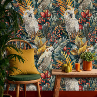 Tropical cockatoo wallpaper featuring white cockatoos and red berries in a modern dining area with mustard chair