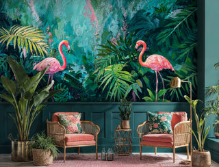 Tropical flamingo wall mural featuring pink flamingos in lush jungle, shown in elegant living room with rattan chairs